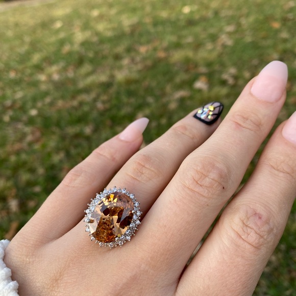Gorgeous Huge 925 Silver Ring Champagne Crystal - Picture 2 of 15
